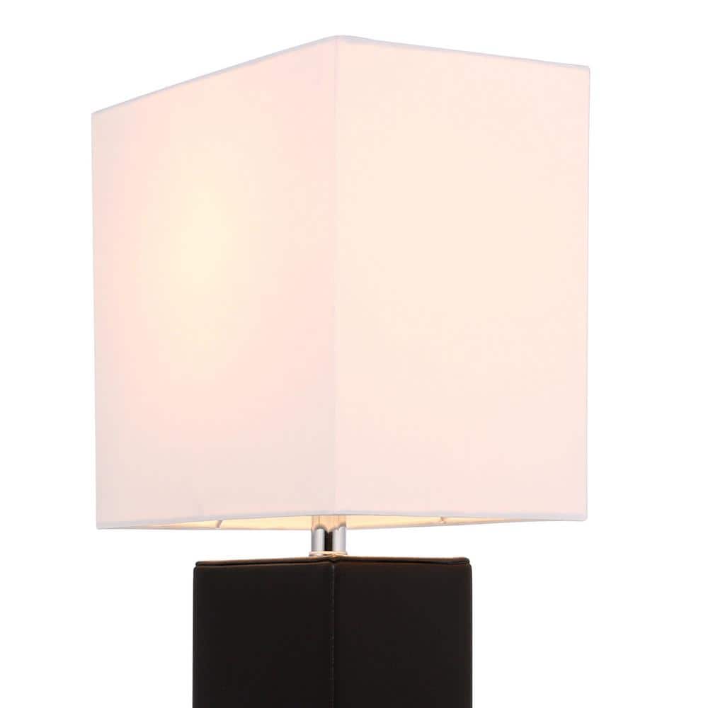 Modern Black Leather Rectangular Table Lamp with White Fabric Shade