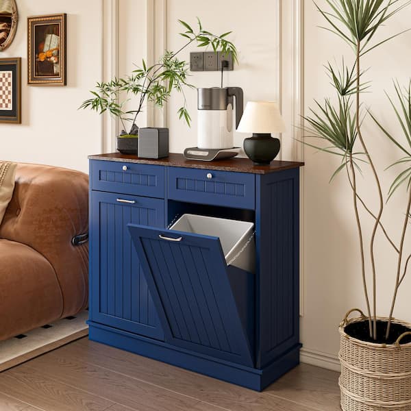 Farmhouse 40 in. W x 14 in. D x 36 in. H Ready to Assemble Cabinets Floor Tilt Out Trash Can Cabinet in Navy Blue