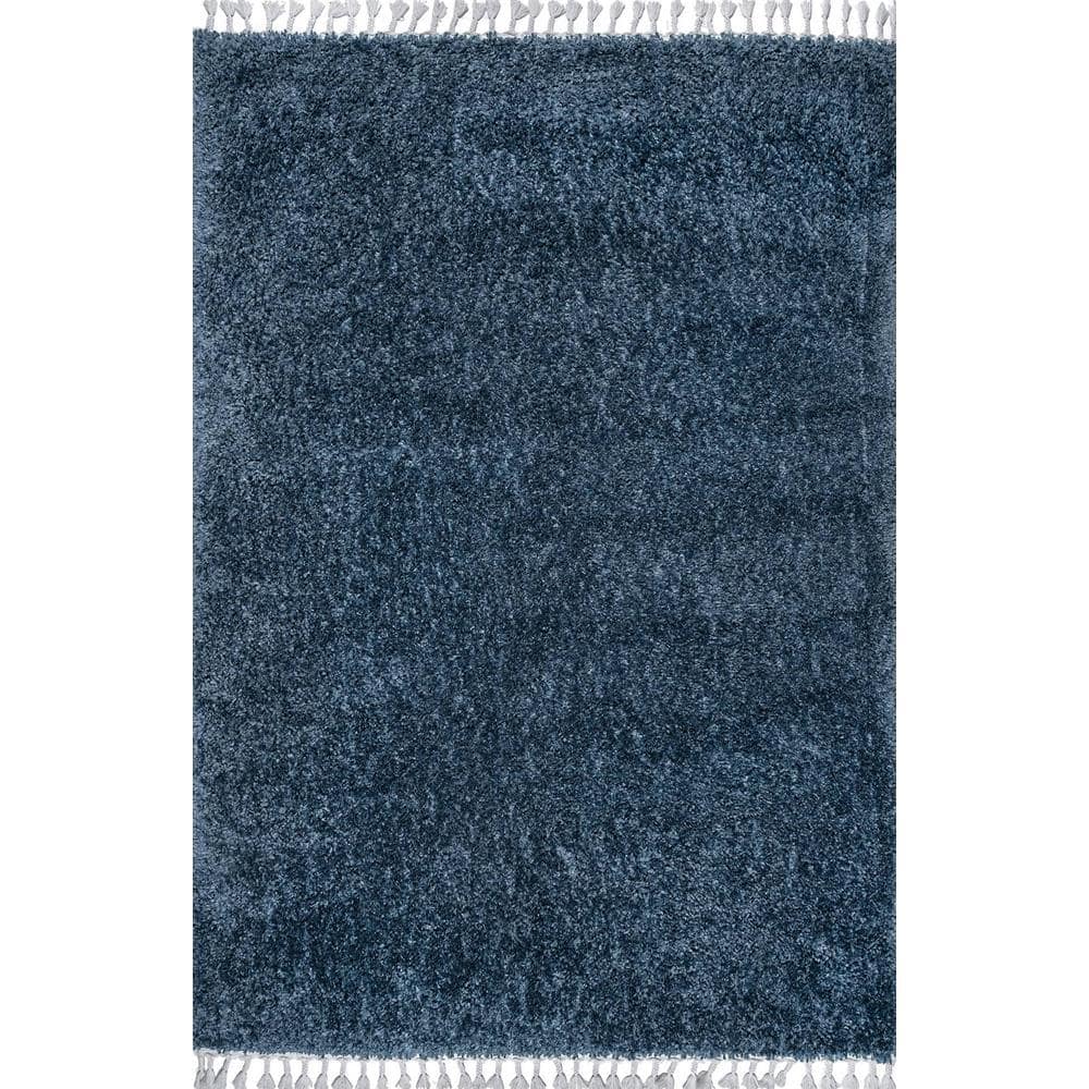 Blue Braided Reversible Shag Area Rug with Tassels