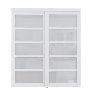 72 in. x 80 in. 5 Lite Tempered Frosted Glass and White MDF Interior Closet Sliding Door with Hardware Kit