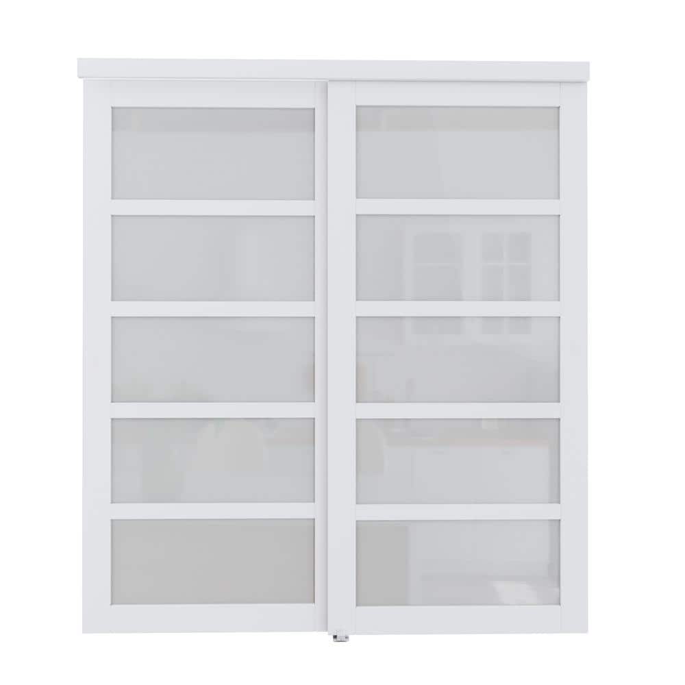 72 in. x 80 in. White MDF Sliding Door with Frosted Glass Panels