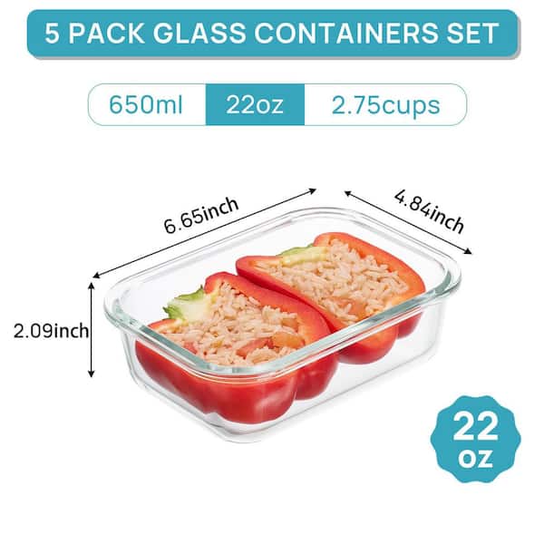 22 oz. Glass Storage and Meal Prep Containers with Lids for Microwave, Oven, Freezer and Food Storage, Grey (5-Pack)