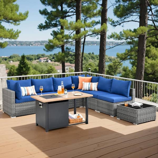 Toject Sanibel Gray 8-Piece Wicker Outdoor Patio Conversation Sofa Seating Set with a Storage Fire Pit and Navy Blue Cushions