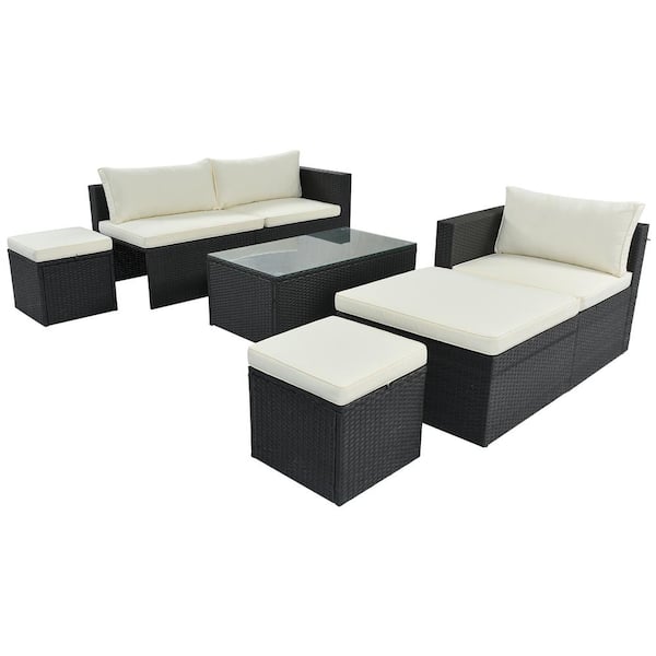 Wildaven Black 5-Piece Wicker Outdoor Sofa Sectional Set with Beige Cushions For Backyard, Porch, Pool
