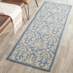 Courtyard Blue/Natural 2 ft. x 7 ft. Floral Indoor/Outdoor Patio  Runner Rug