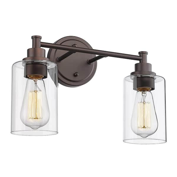 JAZAVA 14.3 in. 2-Light Oil Rubbed Bronze Vanity Light with Clear Glass Shade