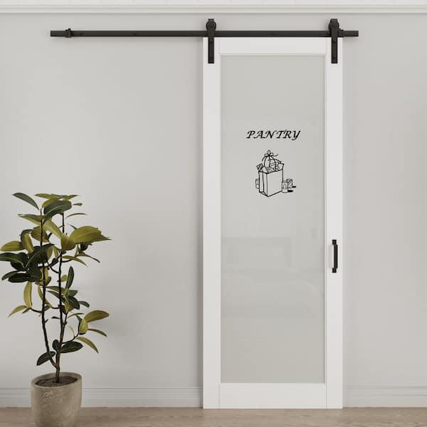 34 in. x 80 in. 1-Lite Frosted Glass White Primed MDF Composite Sliding Barn Door with Hardware Kit and Pantry Sticker
