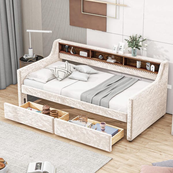 Harper & Bright Designs Beige Twin Size Wood Snowflake Velvet Upholstered Daybed with 2-Drawer, 3-Shelves