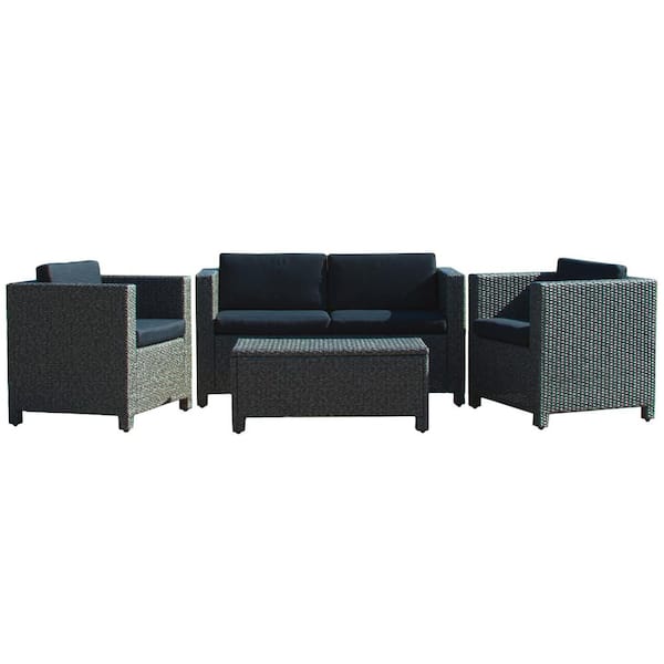 Flynama Dark Grey 4-Pieces Wicker Outdoor Sectional Set With Black Cushions