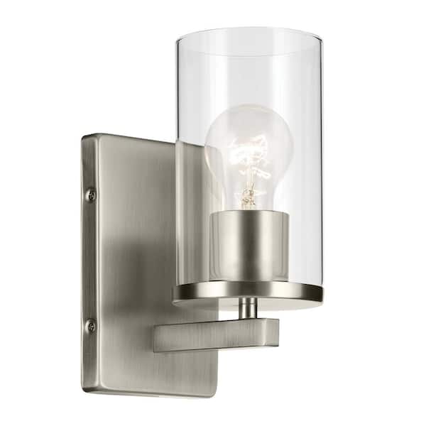 KICHLER Crosby 1-Light Brushed Nickel Bathroom Indoor Wall Sconce Light with Clear Glass Shade