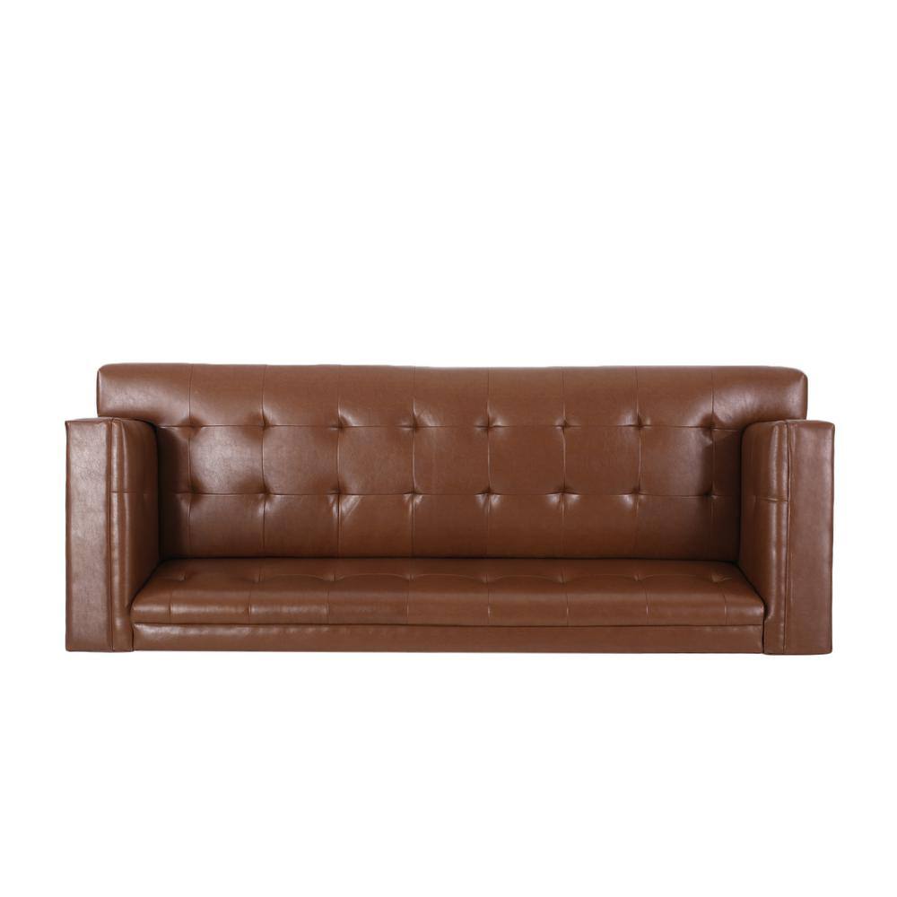 Cognac Brown Faux Leather Tufted Lawson Sofa with Wood Frame