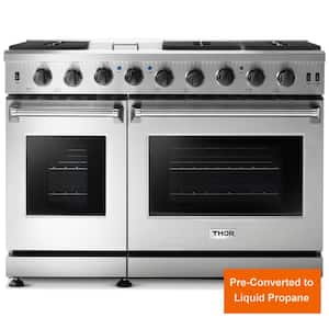 Pre-Converted Propane 48 in. 6.8 cu. ft. Double Oven Gas Range in Stainless Steel with Griddle and 6-Burners