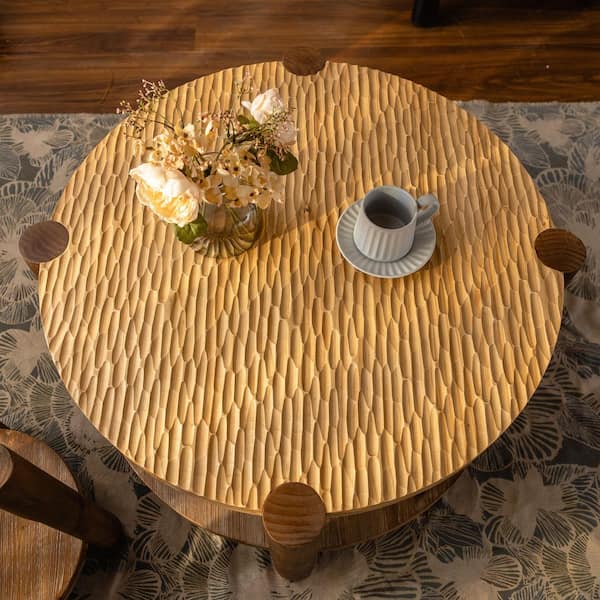 35in. Brown Round Solid Wood Coffee Table, Mid-Century Modern 2-Tier Living Room Table with Storage Shelf