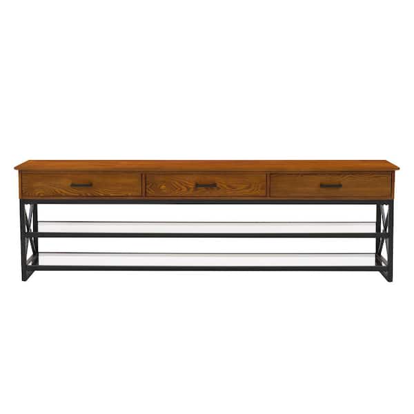 CorLiving Houston 78 in. Cherry Brown Engineered Wood TV Stand with 3 Drawer Fits TVs Up to 90 in. with Cable Management
