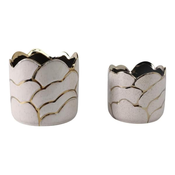 6 in. and 7 in. Gold Ceramic Round Clouds Decorative Pots (Set of 2)