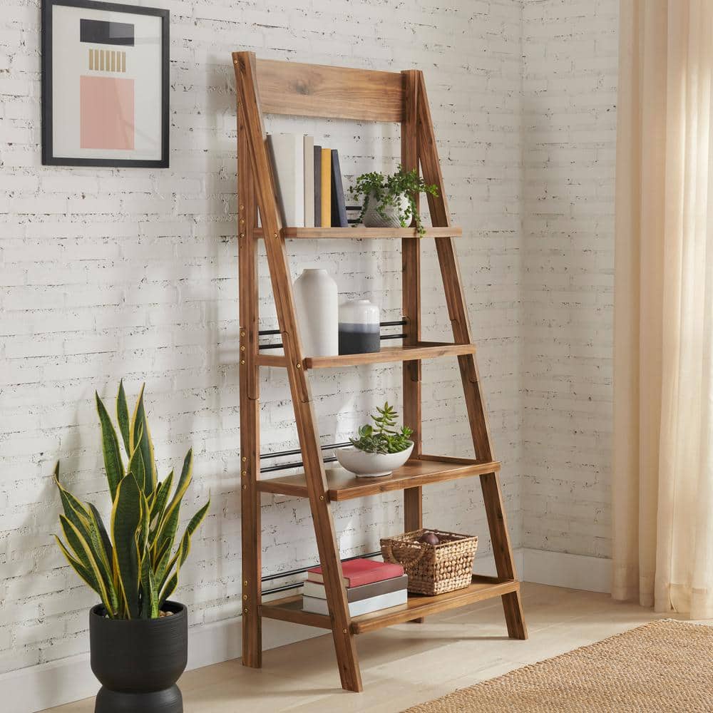 Lavish Home 68 in. Tall 4 tier Ladder Bookshelf Bookcase with X Back Frame Solid Wood and Metal Walnut 80 SHF 14 WLNT The Home Depot