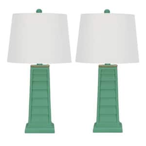 Pair of 25 in. Antique Green Shutter Table Lamp with a Designer White Drum Linen Shade
