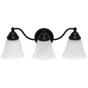 19.25 in. 3-Light Black Classic Winding Metal and Frosted Marble White Glass Shades Wall Mounted Vanity Light