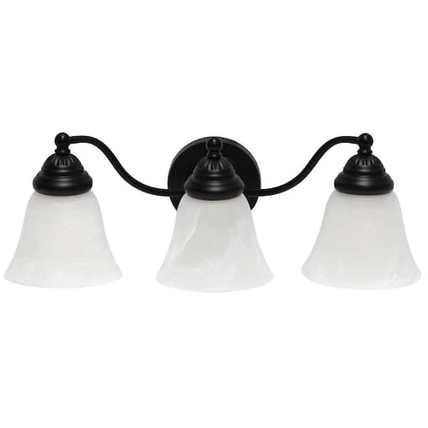 Simple Designs 19.25 in. 3-Light Black Classic Winding Metal and Frosted Marble White Glass Shades Wall Mounted Vanity Light