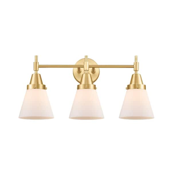Cone 24.25 in. 3-Light Satin Gold, Matte White Vanity Light with White Glass Shade