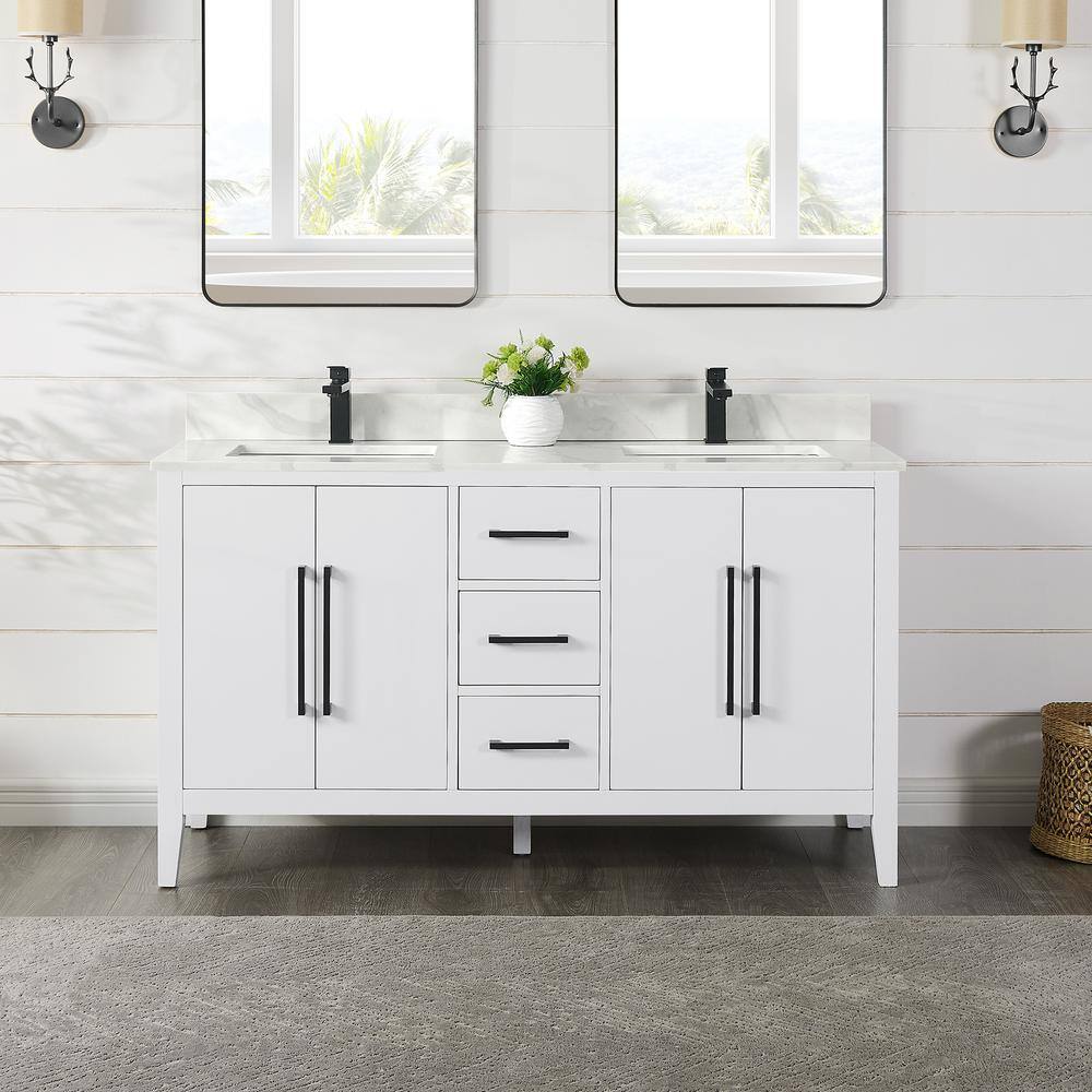 Laurel 60" White Double Vanity with Calacatta Quartz Top