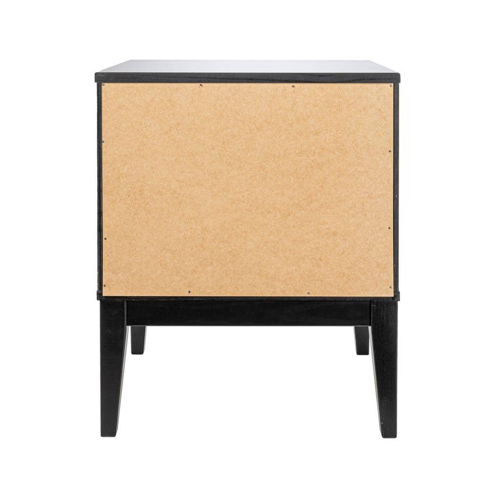 Black Wood Nightstand with Woven Cane Detail and 2 Drawers