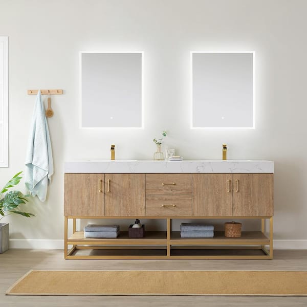 Alistair 72 in. W x 22 in. D x 33.9 in. H Bath Vanity in Oak with Stone Vanity Top in White with Double Sinks and Mirror
