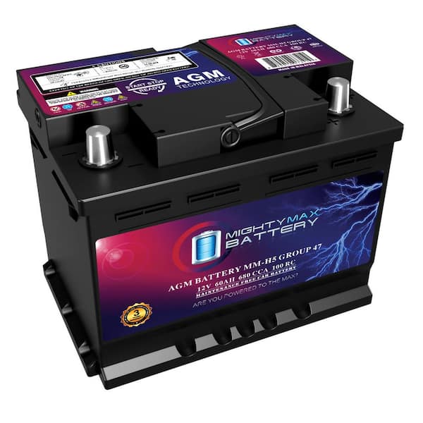 MM-H5 Start and Stop Car BCI Group Size 47 12-Volt 60 AH, 100RC, 680 CCA Rechargeable AGM Car battery
