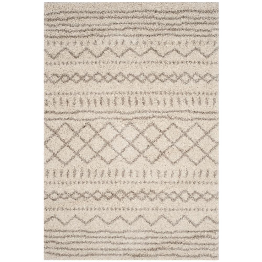 Ivory Beige Geometric Shag Area Rug 5'1" x 7'6"