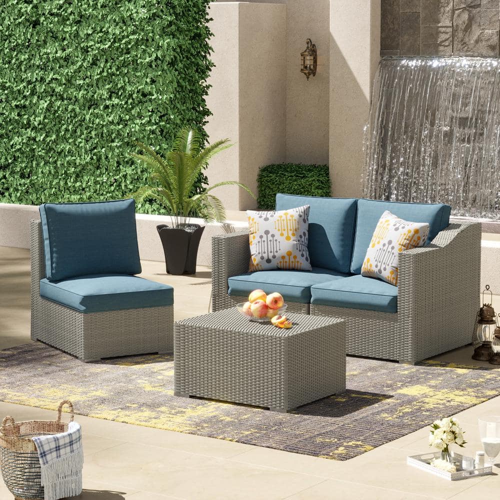 Corvus 3-Person Grey Wicker Sofa Set with Blue Cushions