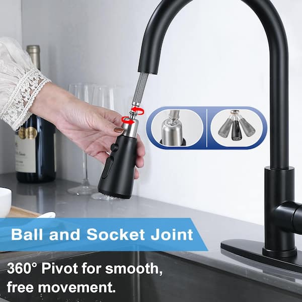 Modern 17. in Single-Handle Pull-Down Sprayer Kitchen Faucet with 3-Mode 360° Spout Swivel in Stainless Matte Black