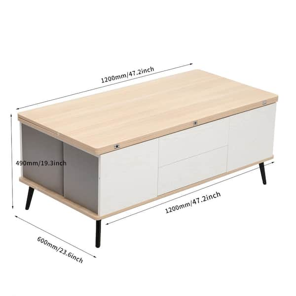 47.2 in. White Rectangle MDF Multifunctional Lift Top Coffee Table with 4  Ottomans and Drawer