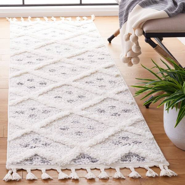 Moroccan Tassel Shag 2 ft. x 8 ft. Beige/Ivory High-Low Diamond Geometric Runner Rug
