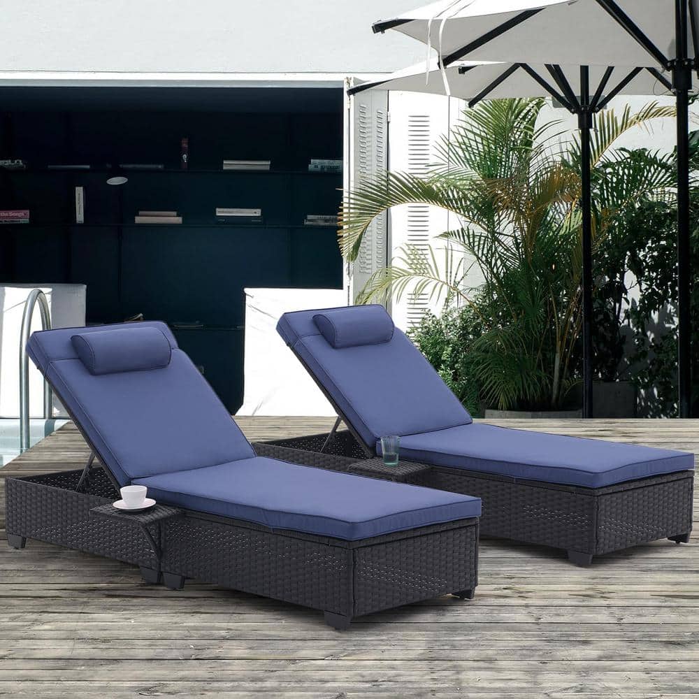 2 Piece Black Wicker Outdoor Chaise Lounge recliner chair with side