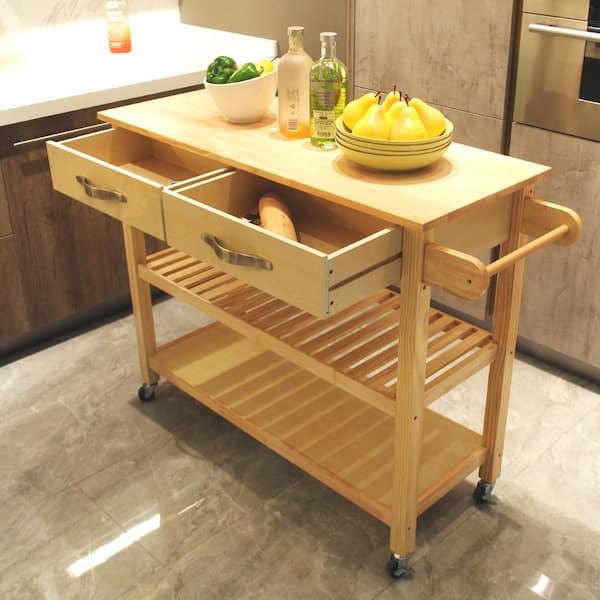 FAMYYT Natural Wood Countertop 45 in. Kitchen Island Cart with Drawers