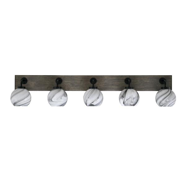 Unbranded Kirby 46.5 in. 5 Light Black and Painted Wood-look Vanity Light with 5.75 in. Onyx Swirl Glass Shades No Bulbs Included