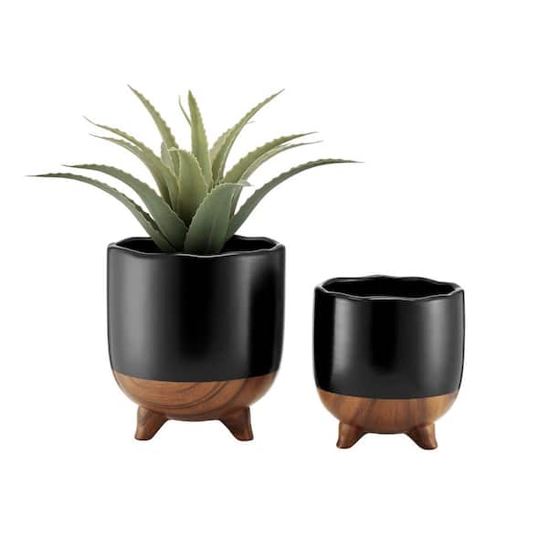 DANYA B Milo Modern Mortar Two Tone Flower Pot Planter Cachepot Set of 2 Sizes - Black and Walnut