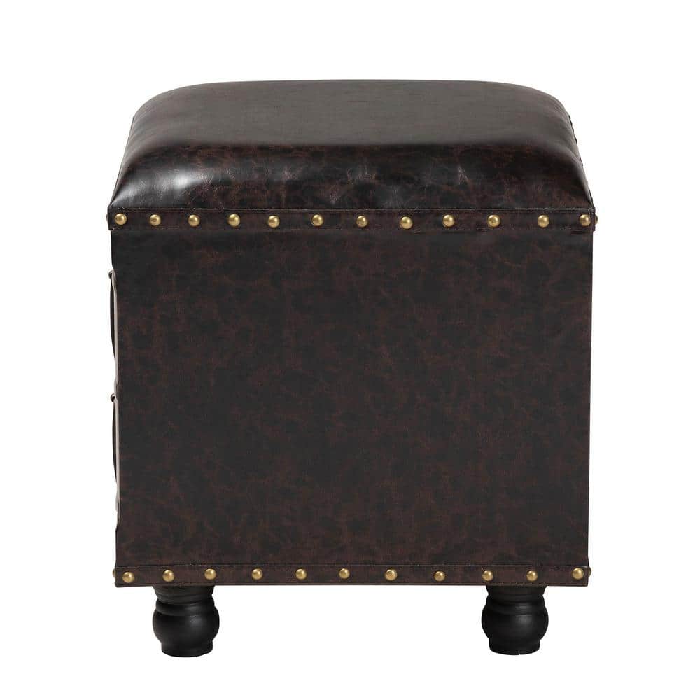 Charlier Rustic Dark Brown Faux Leather Storage Ottoman with Book Spine Drawer