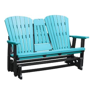 Adirondack Series 60 in. 2-Person Black Frame High Density Plastic Outdoor Glider with Aruba Blue Seats and Backs