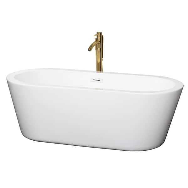 Wyndham Collection Mermaid 67 in. Acrylic Flatbottom Bathtub in White with Shiny White Trim and Brushed Gold Faucet