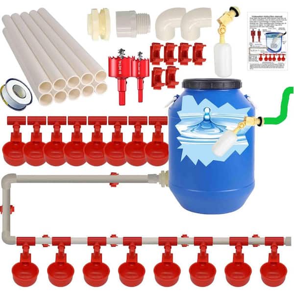 N/A Automatic Chicken Waterer Cups Complete Set with PVC Pipe and Tee Fittings Poultry Watering System Pressure Regulator