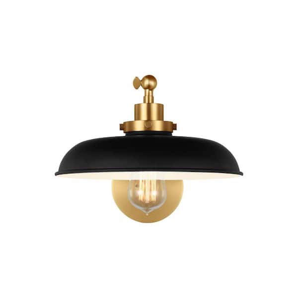 Wellfleet 11 in. W x 8.75 in. H 1-Light Midnight Black/Burnished Brass Single Arm Wide Task Wall Sconce with Steel Shade