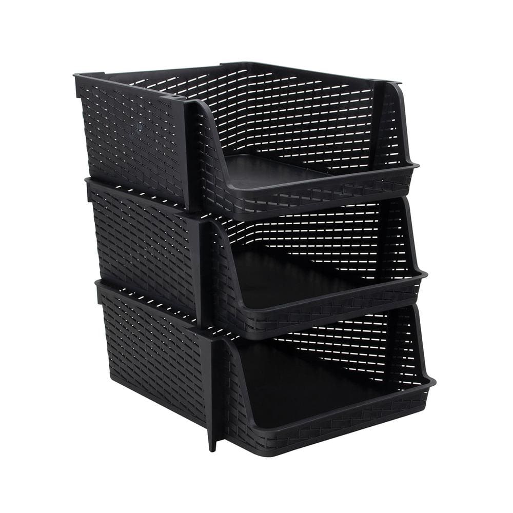 Black Stackable Plastic Lidded Storage Bins, 13.5 x 15 x 8.5 in, Pack of 3