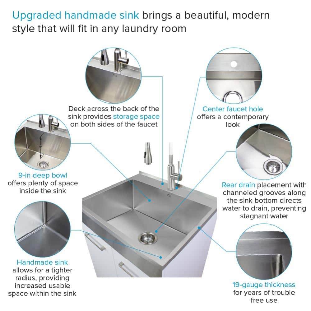 24-Inch White Freestanding Stainless Steel Laundry Sink with Faucet