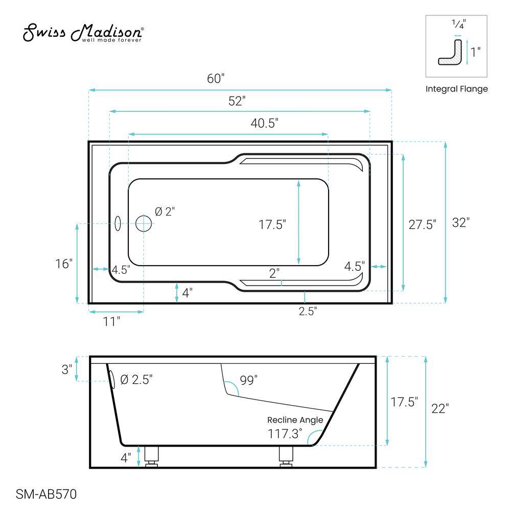 Claire 60" White Acrylic Alcove Bathtub with Corner Apron