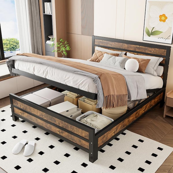 Harper & Bright Designs Black Metal Frame Queen Size Platform Bed with Hydraulic Storage