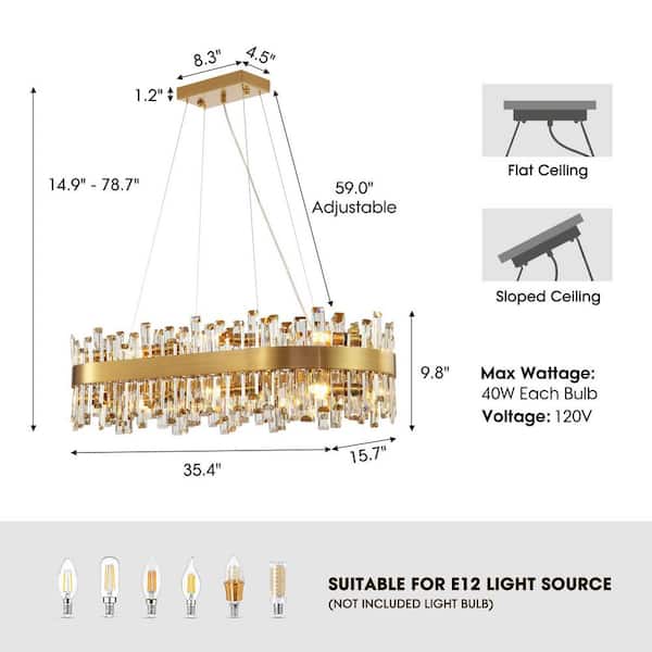 35.4 in. 16-Light Modern Chandelier, Gold Oval Crystal Chandelier, Rectangular K9 Crystal Hanging Ceiling Light Fixture