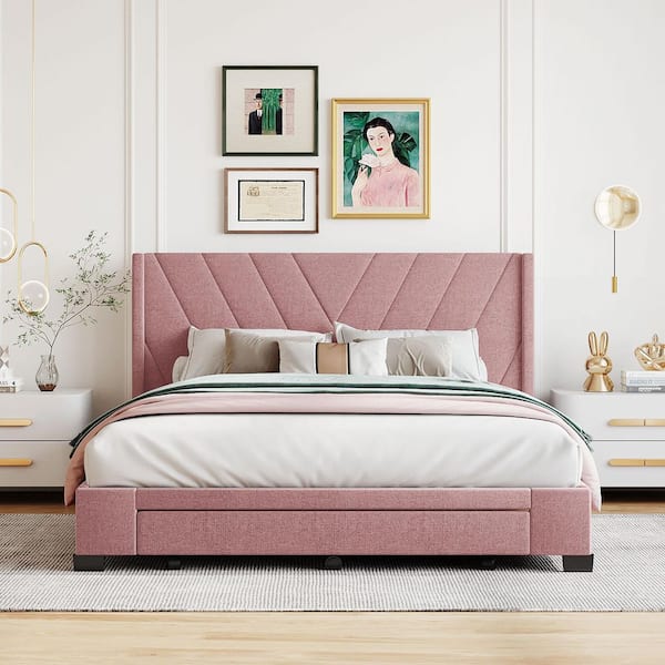 Qualler Pink Wood Frame Queen Size Upholstered Platform Bed with 3 Drawers