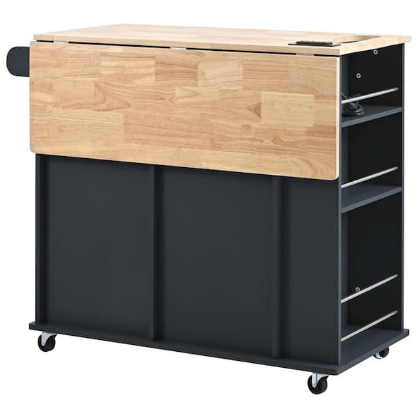 OLUMAT Black Wood Tabletop 39.8 in. Kitchen Island with Drop Leaf, Power Outlet, Open Storage and Wine Rack