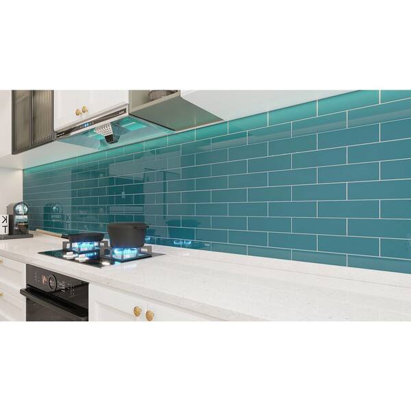 Giorbello (Sample) Dark Teal 3-in x 9-in Glossy Glass Subway Wall Tile